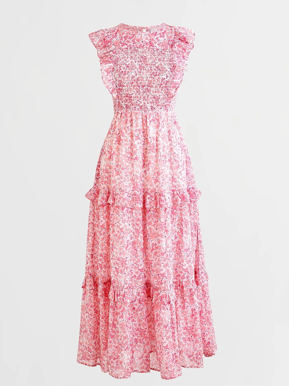 Banjanan Smocked Tiered Ruffle Midi Dress in Pink Meadow Floral Size Small
